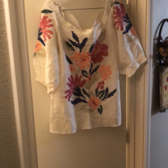 Ann Taylor, New, White Off Shoulder Linen Blend Embroidered Floral Top, XL - Picture 3 of 6